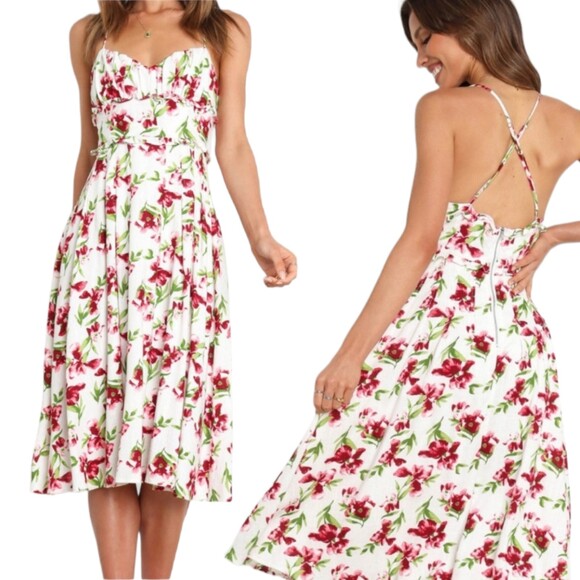 US 8 Petal & Pup Fyrsil Dress White Floral Rayon Linen Midi Length Sleeveless - Picture 1 of 13